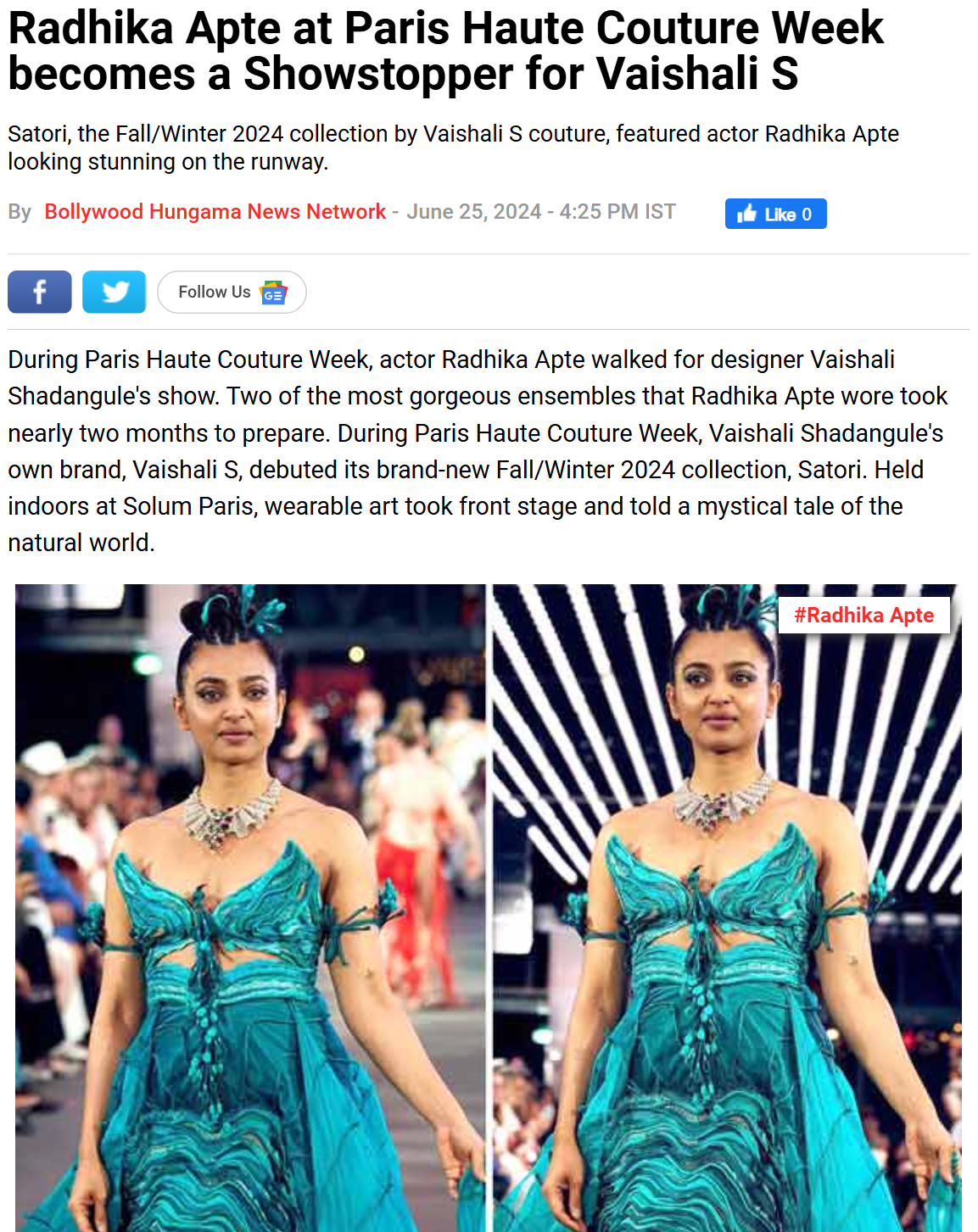Radhika Apte at Paris Haute Couture Week becomes a Showstopper for Vaishali S
