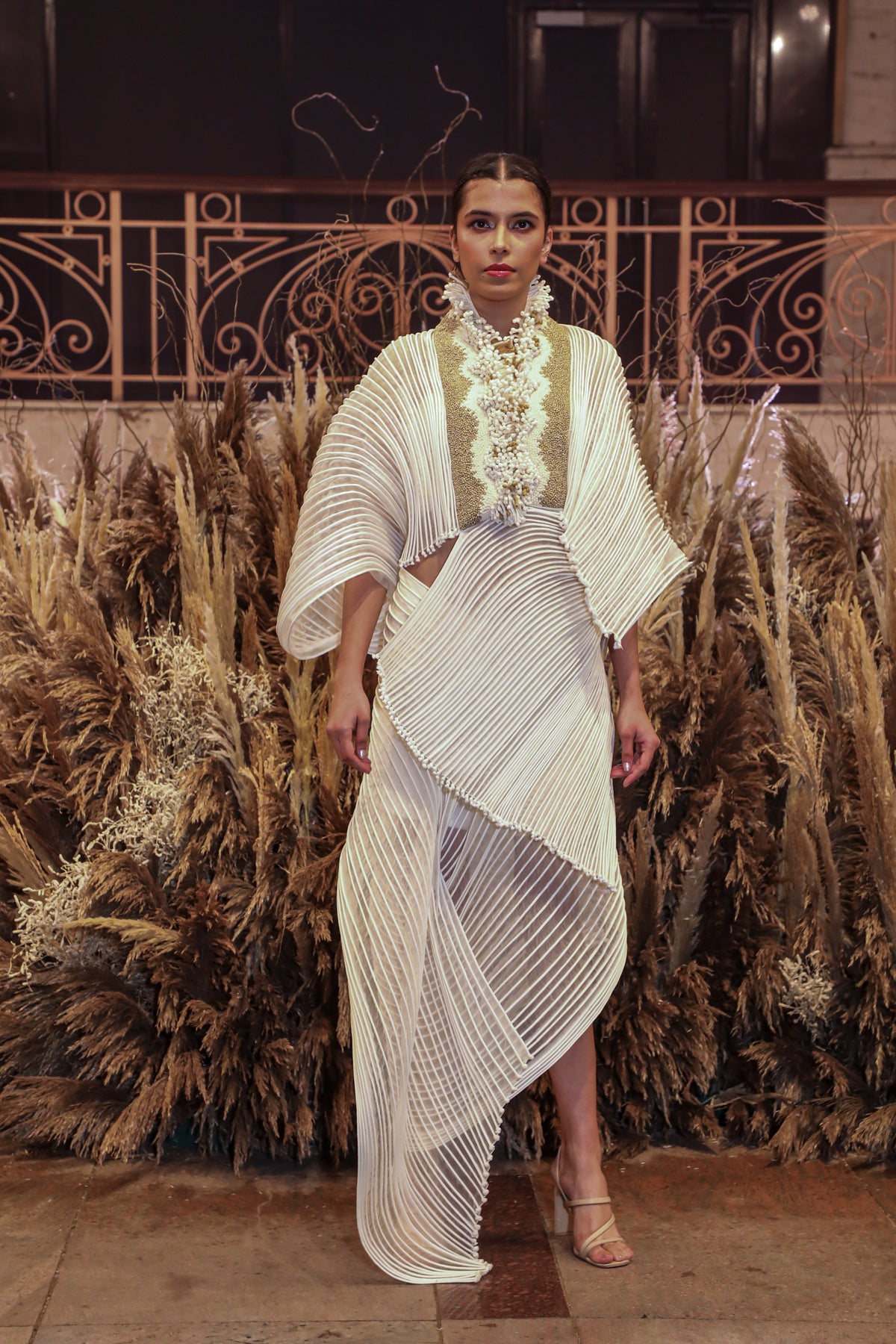Embroidered Corded Cape Dress