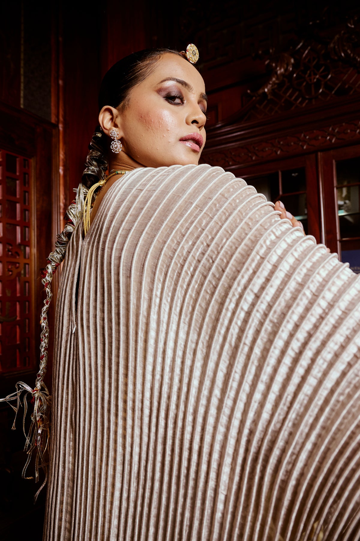 Metallic Silver Saree & Corded Dupatta Cape