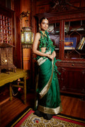 Deep Green Corded Banarasi Saree & Leaf Blouse