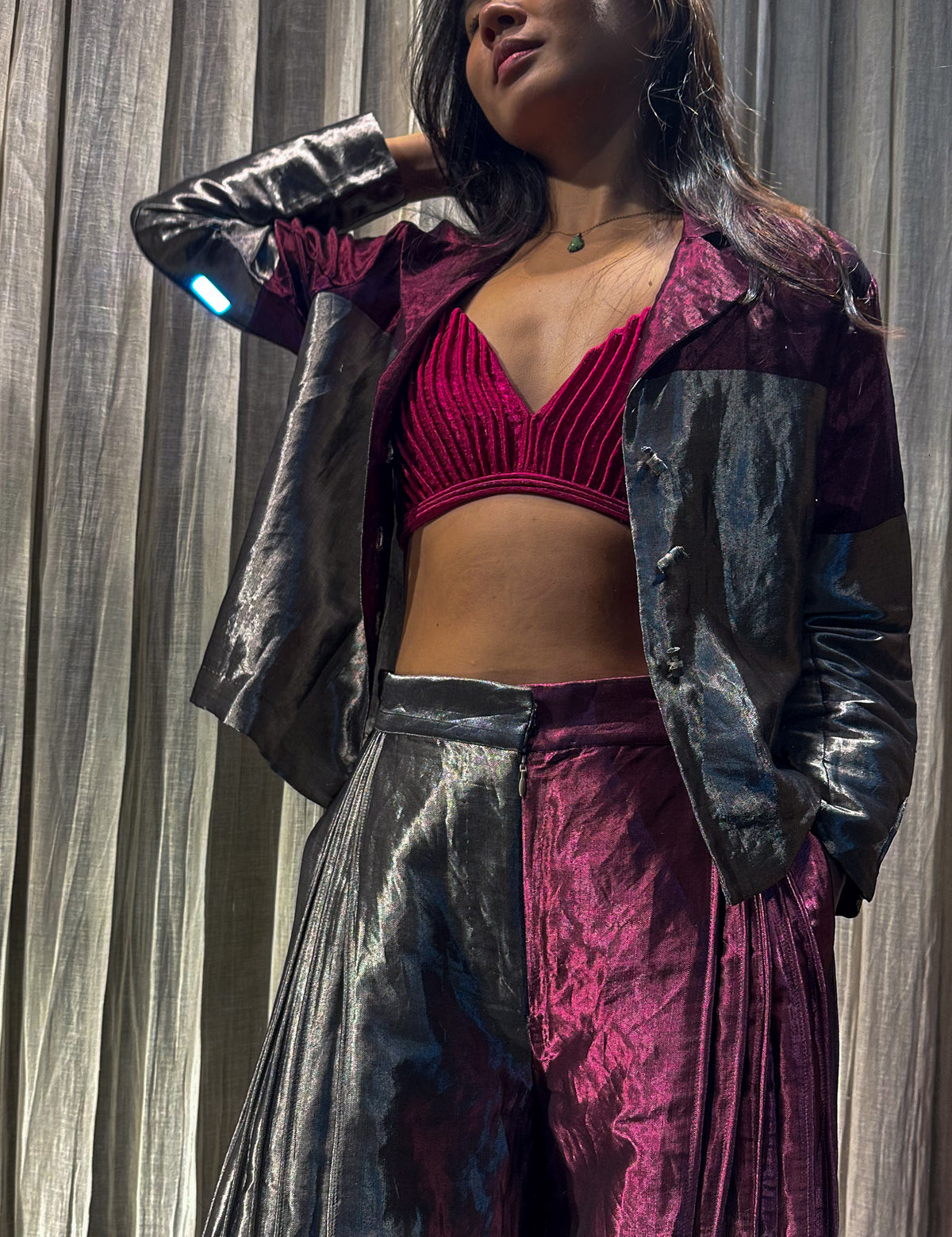 Metallic asymmetric flared trousers