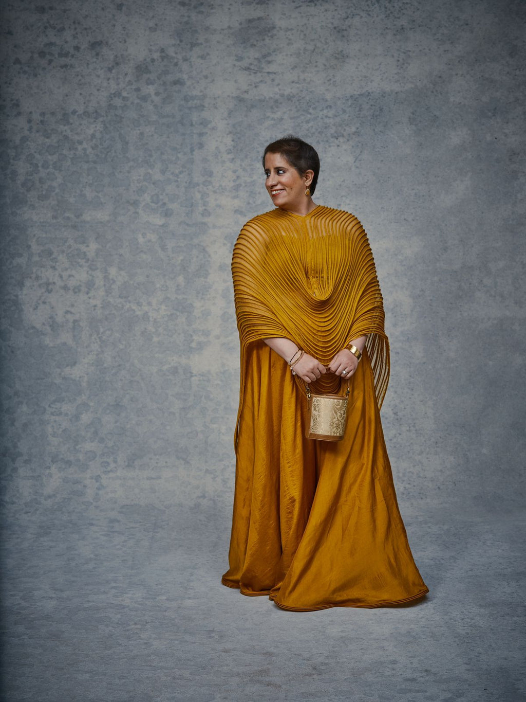 Mustard Corded Cape and Silk Skirt