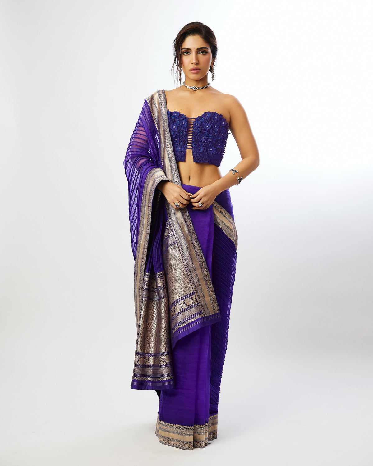 Ink Blue Corded Banarasi Saree